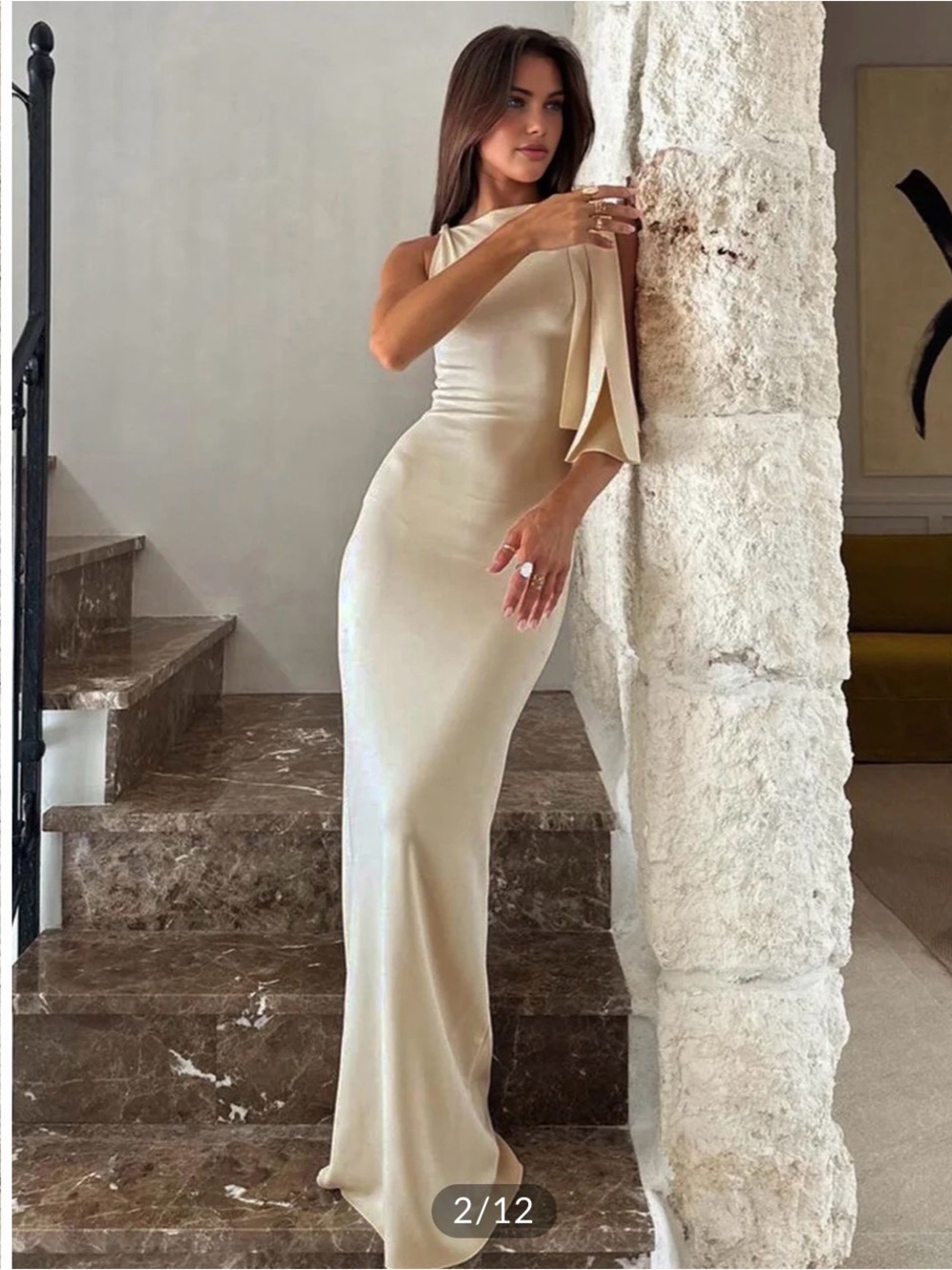 Commense Champagne One-Shoulder Satin Gown - Picture 2 of 4